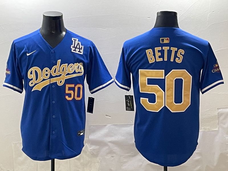 Men Los Angeles Dodgers #50 Betts Blue Champion gold character 2025 Nike MLB Jersey style 4122